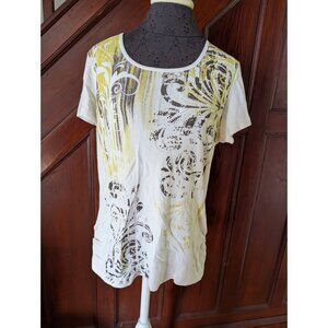 Christopher & Banks Womens XL T-Shirt Yellow & Brown Scroll Print Rhinestones